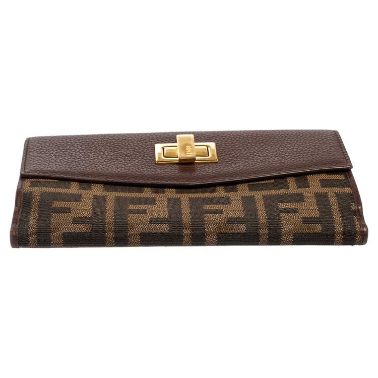 Pre Owned Fendi Tobacco Zucca Canvas and Leather Turnlock Flap Continental Wallet