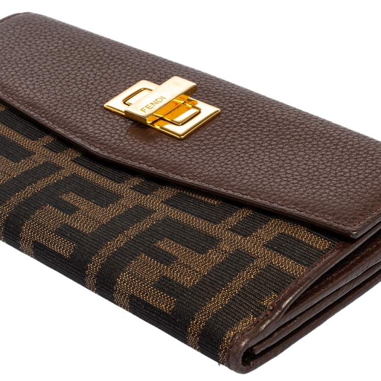Pre Owned Fendi Tobacco Zucca Canvas and Leather Turnlock Flap Continental Wallet
