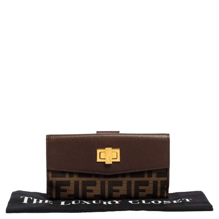 Pre Owned Fendi Tobacco Zucca Canvas and Leather Turnlock Flap Continental Wallet