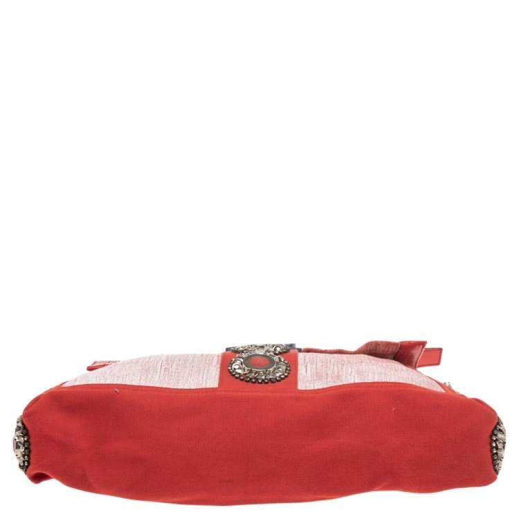 Pre Owned Fendi Red/White Canvas and Leather Maxi Baguette Embellished Shoulder Bag