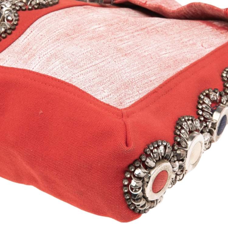 Pre Owned Fendi Red/White Canvas and Leather Maxi Baguette Embellished Shoulder Bag
