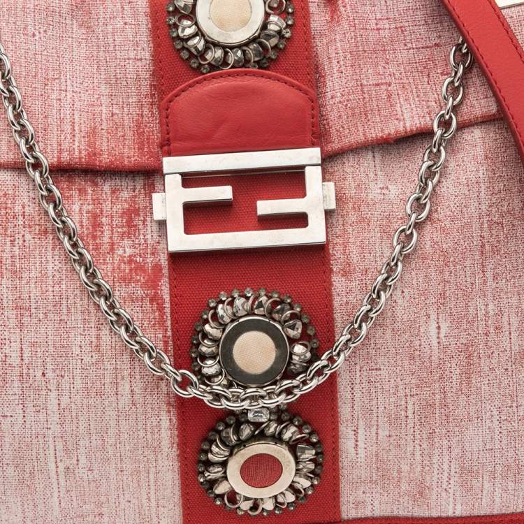 Pre Owned Fendi Red/White Canvas and Leather Maxi Baguette Embellished Shoulder Bag