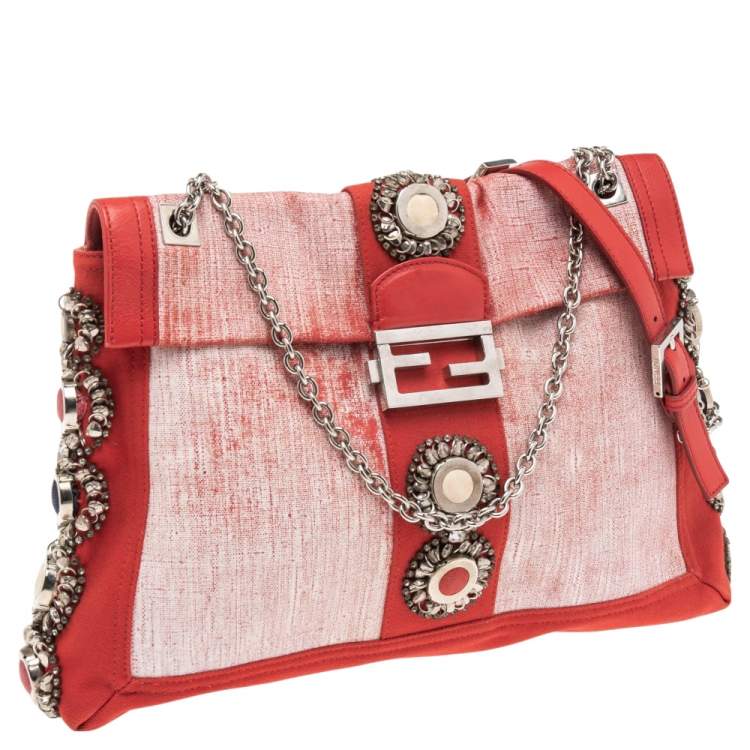 Pre Owned Fendi Red/White Canvas and Leather Maxi Baguette Embellished Shoulder Bag