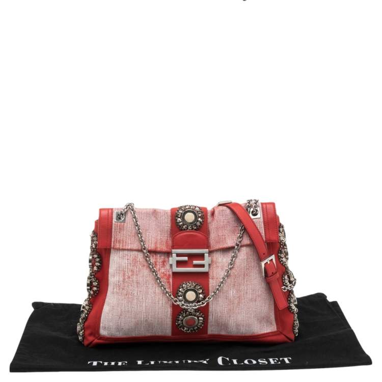 Pre Owned Fendi Red/White Canvas and Leather Maxi Baguette Embellished Shoulder Bag