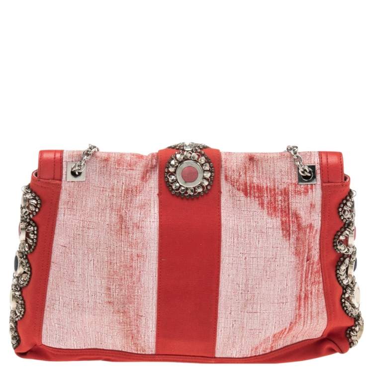Pre Owned Fendi Red/White Canvas and Leather Maxi Baguette Embellished Shoulder Bag