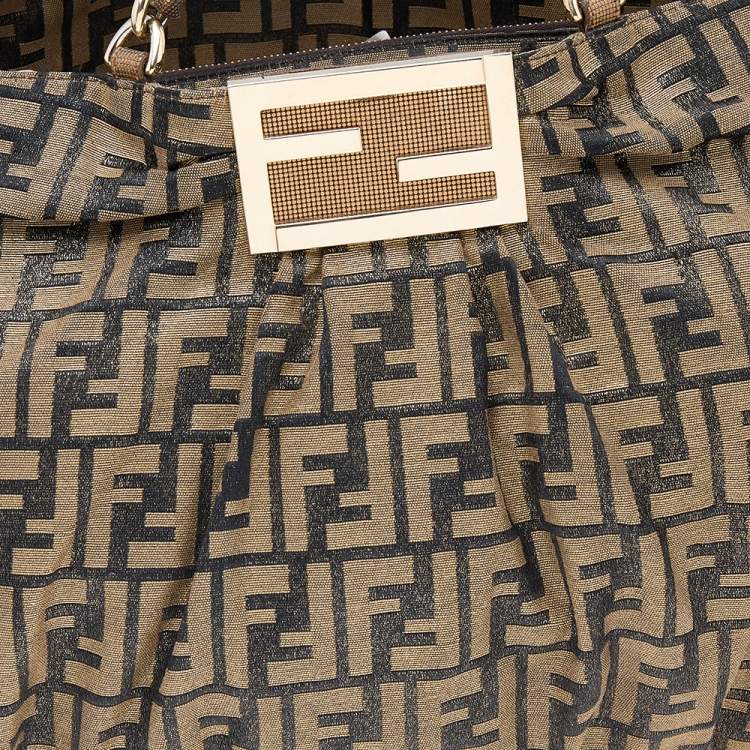 Pre Owned Fendi Tobacco Zucca Shimmer Canvas Large Mia Shoulder Bag