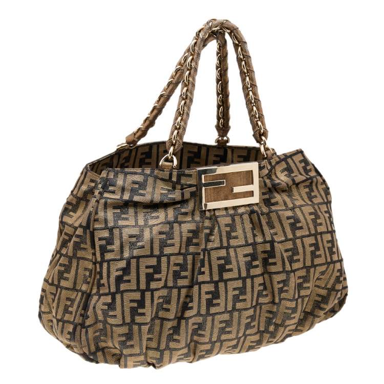 Pre Owned Fendi Tobacco Zucca Shimmer Canvas Large Mia Shoulder Bag