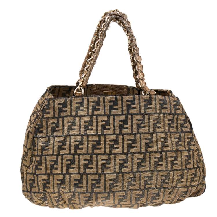 Pre Owned Fendi Tobacco Zucca Shimmer Canvas Large Mia Shoulder Bag