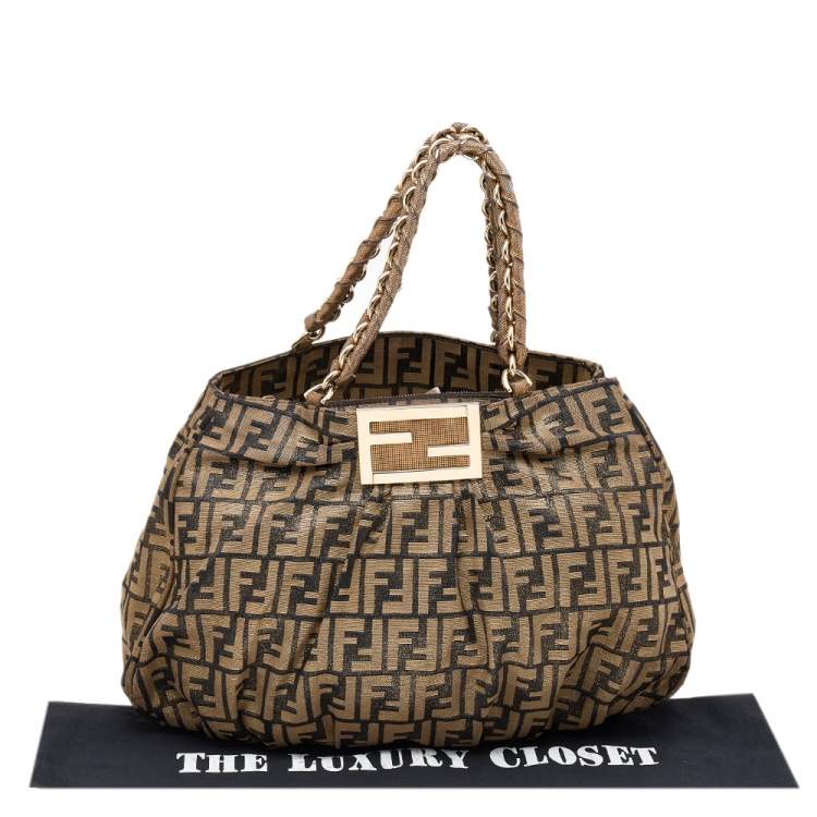 Pre Owned Fendi Tobacco Zucca Shimmer Canvas Large Mia Shoulder Bag