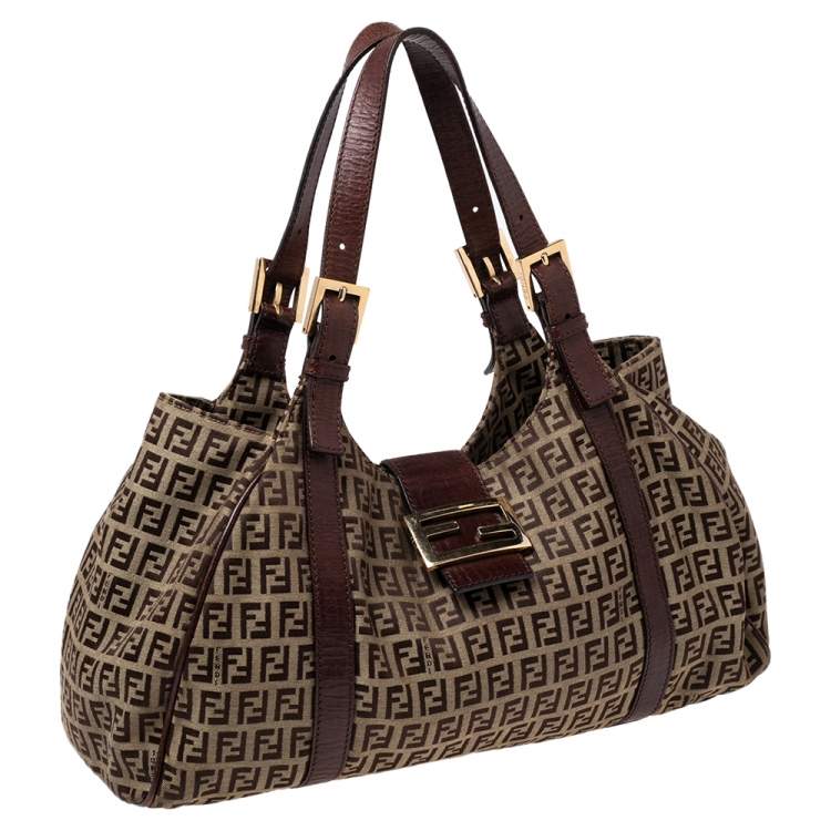 Pre Owned Fendi Tobacco Zuchhino Canvas and Leather FF Flap Satchel