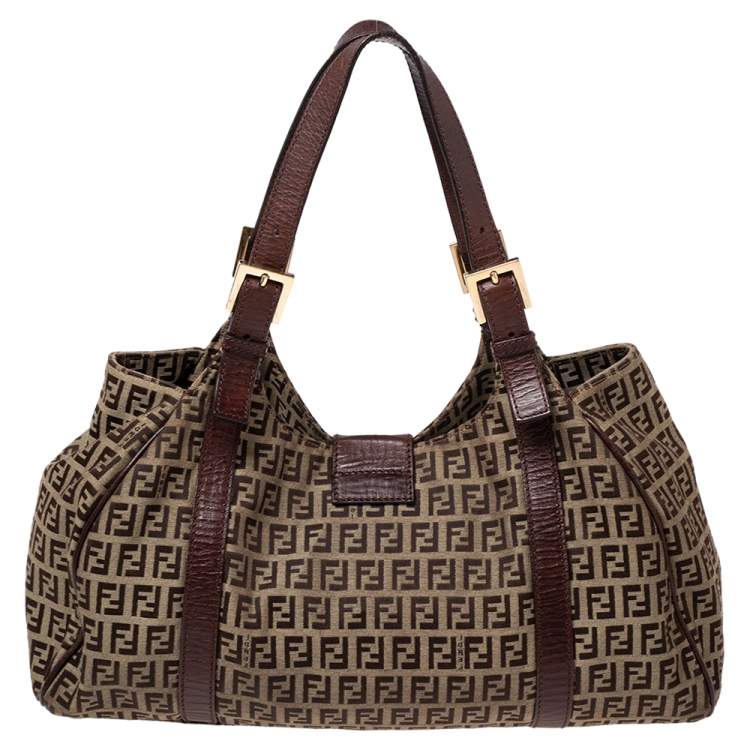 Pre Owned Fendi Tobacco Zuchhino Canvas and Leather FF Flap Satchel