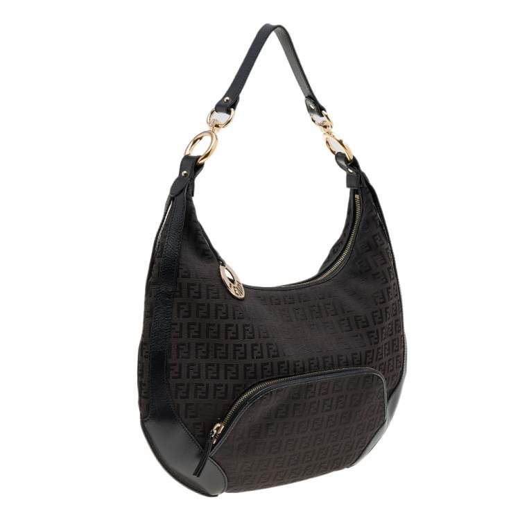 Pre Owned Fendi Black/Brown Zucchino Canvas And Leather Pocket Chef Hobo
