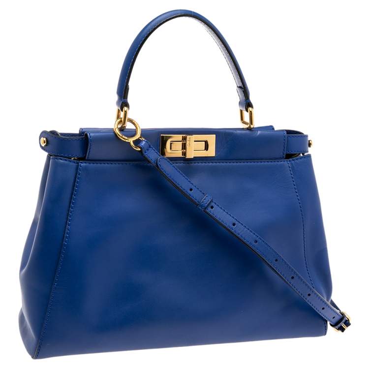 Pre Owned Fendi Blue Leather Medium Peekaboo Top Handle Bag