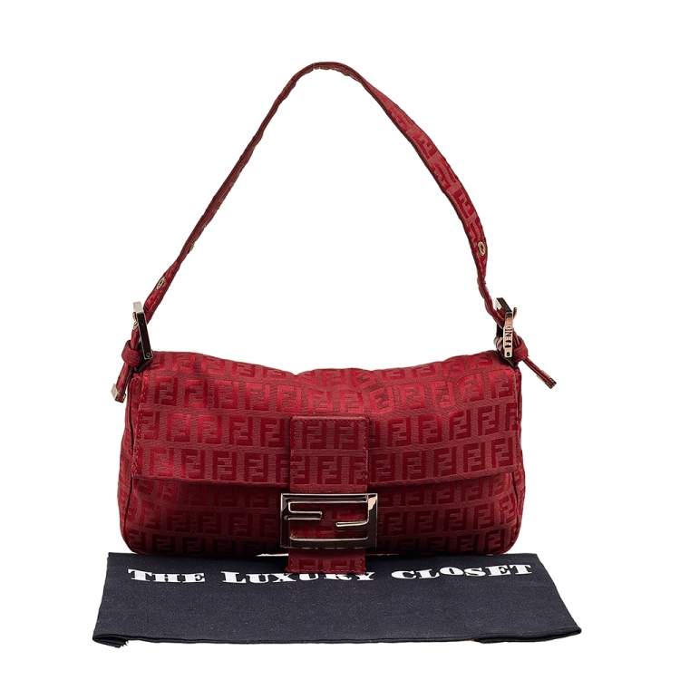 Pre Owned Fendi Red Zucchino Canvas Mama Baguette Bag