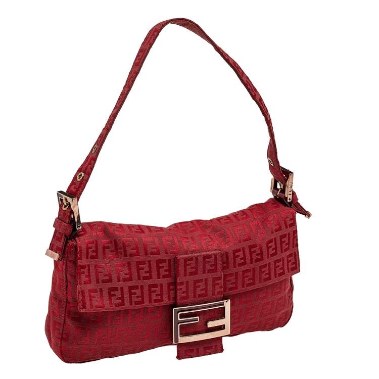 Pre Owned Fendi Red Zucchino Canvas Mama Baguette Bag
