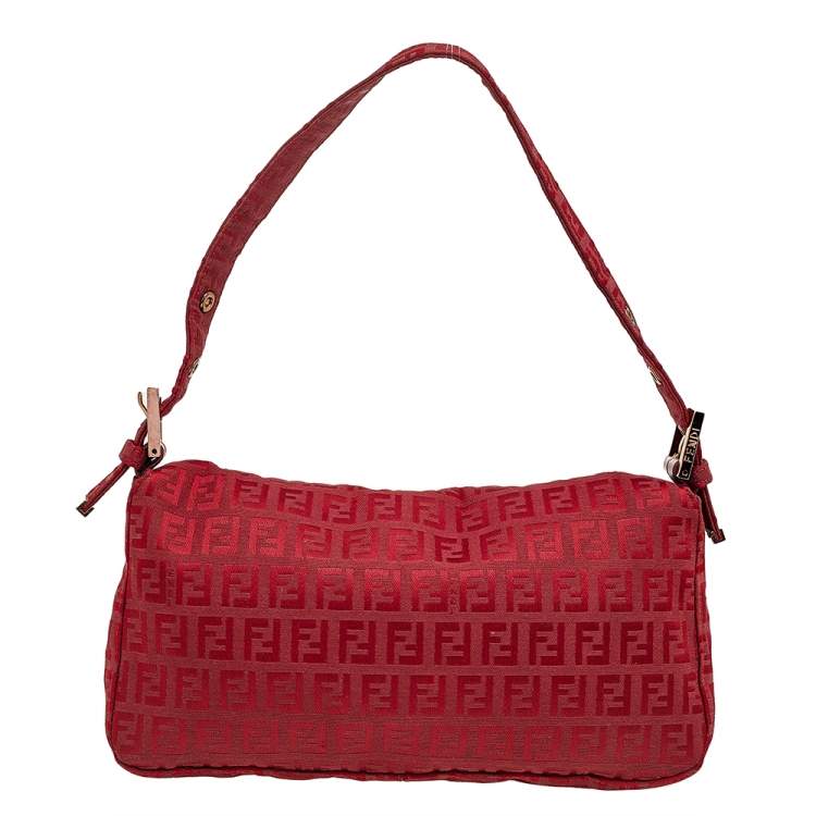 Pre Owned Fendi Red Zucchino Canvas Mama Baguette Bag