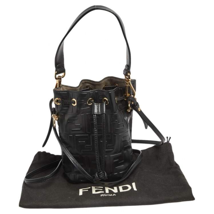 Pre Owned Fendi Black Zucca Leather Mini Mon Tresor Drawstring Bucket Bag