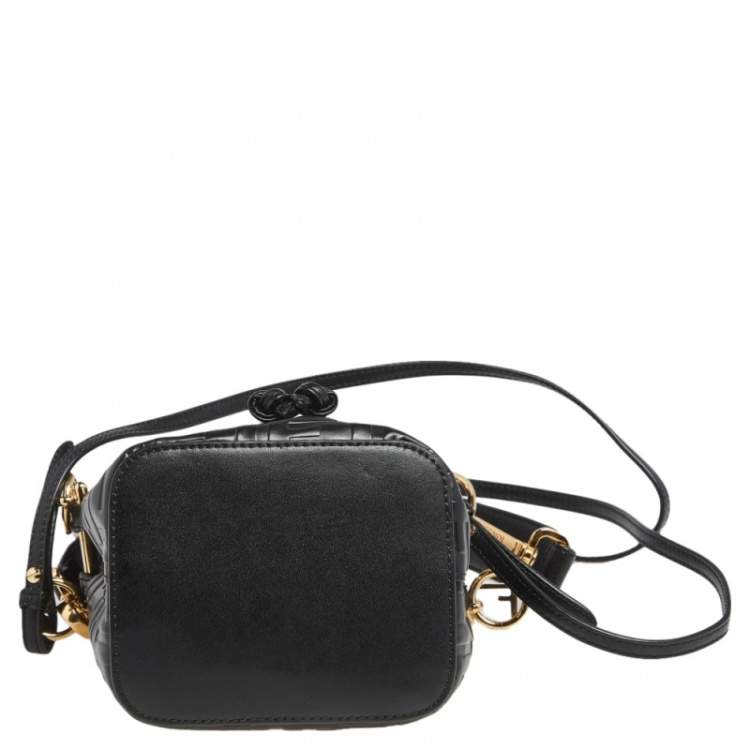 Pre Owned Fendi Black Zucca Leather Mini Mon Tresor Drawstring Bucket Bag