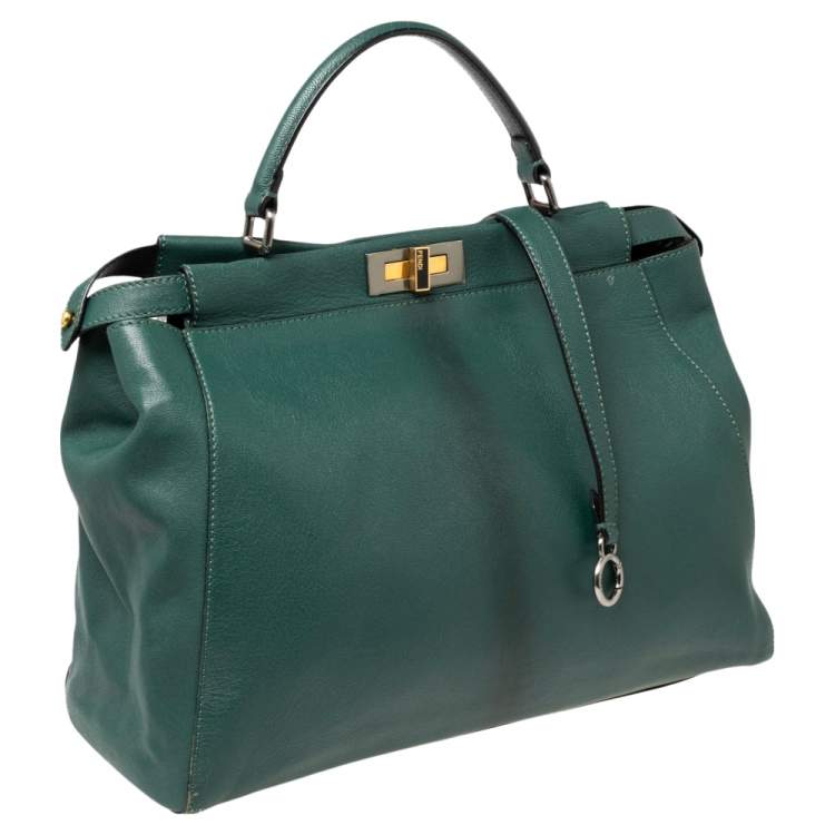 Pre Owned Fendi Green Leather Large Peekaboo Top Handle Bag