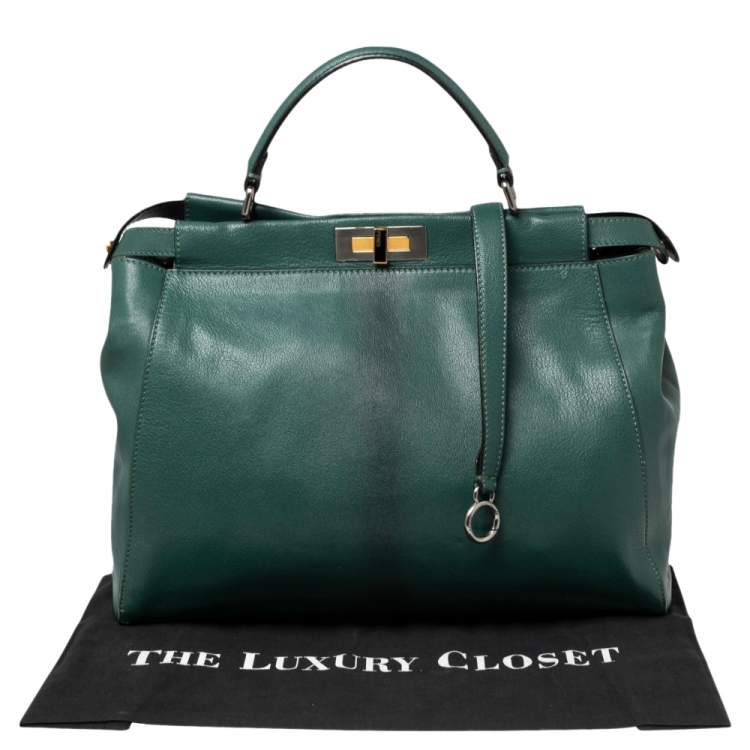Pre Owned Fendi Green Leather Large Peekaboo Top Handle Bag