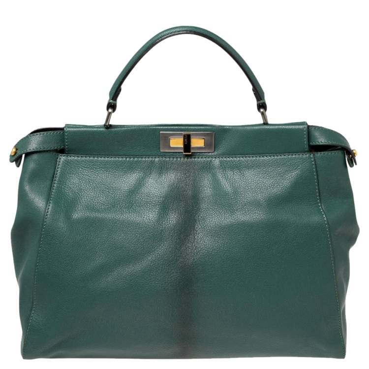 Pre Owned Fendi Green Leather Large Peekaboo Top Handle Bag