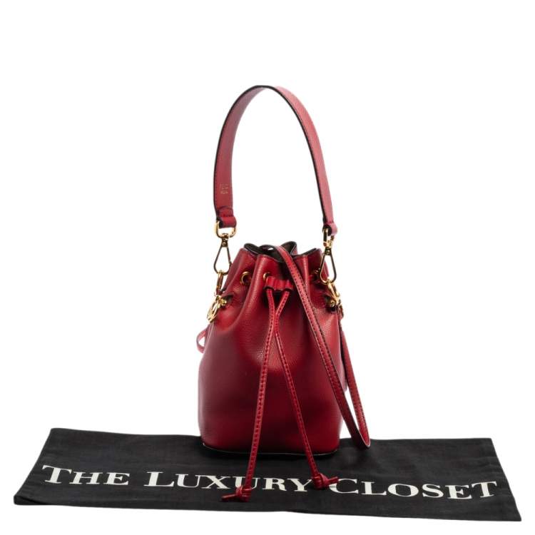 Pre Owned Fendi Red Leather Mini Mon Tresor Drawstring Bucket Bag