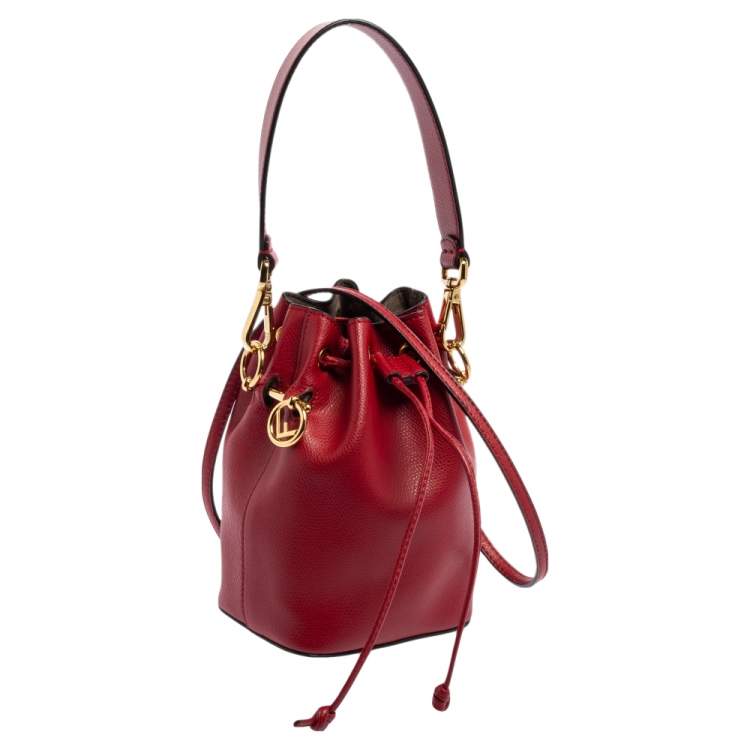 Pre Owned Fendi Red Leather Mini Mon Tresor Drawstring Bucket Bag