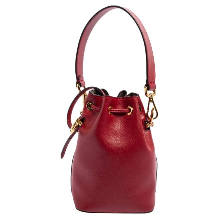 Pre Owned Fendi Red Leather Mini Mon Tresor Drawstring Bucket Bag
