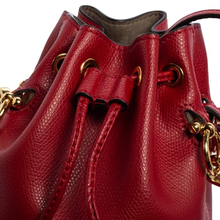 Pre Owned Fendi Red Leather Mini Mon Tresor Drawstring Bucket Bag