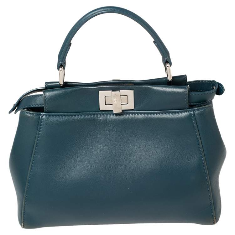 Pre Owned Fendi Blue Leather Mini Peekaboo Top Handle Bag