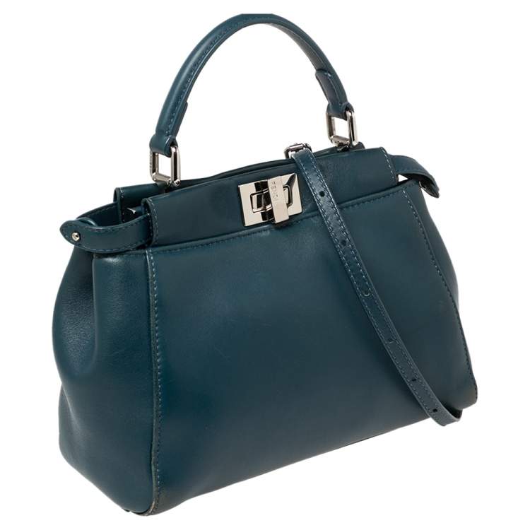Pre Owned Fendi Blue Leather Mini Peekaboo Top Handle Bag