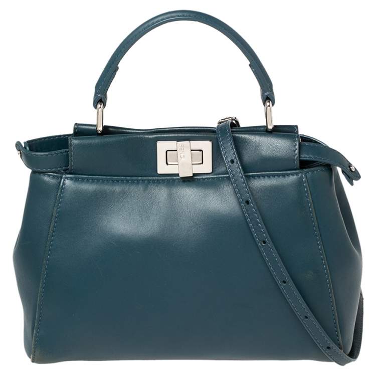 Pre Owned Fendi Blue Leather Mini Peekaboo Top Handle Bag