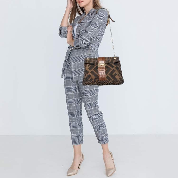 Pre Owned Fendi Tobacco Zucca Canvas And Leather Maxi Baguette Flap Shoulder Bag