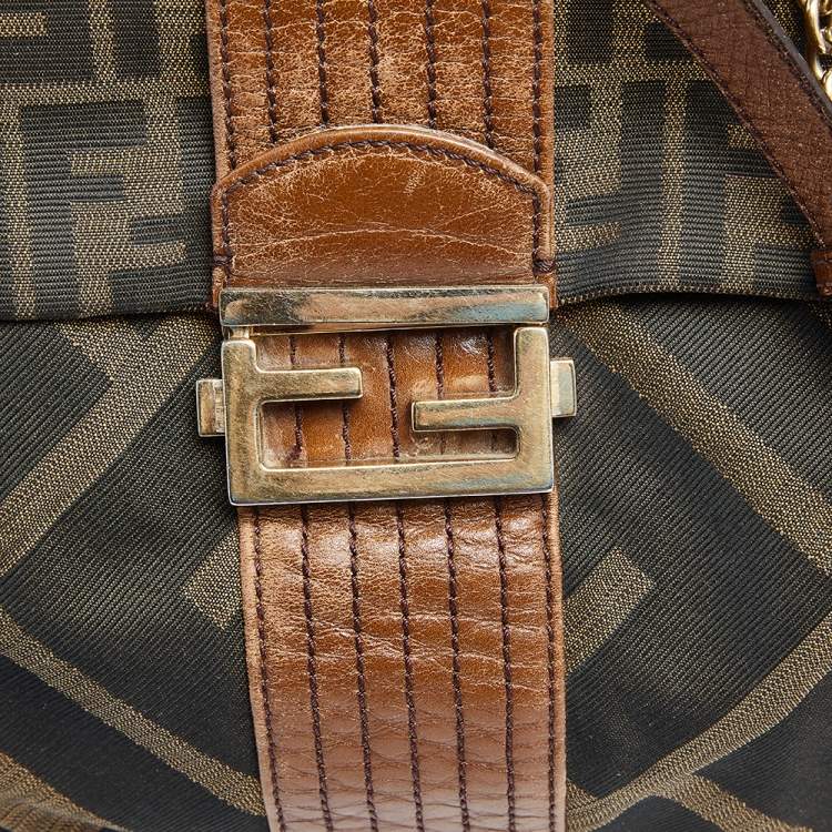 Pre Owned Fendi Tobacco Zucca Canvas And Leather Maxi Baguette Flap Shoulder Bag