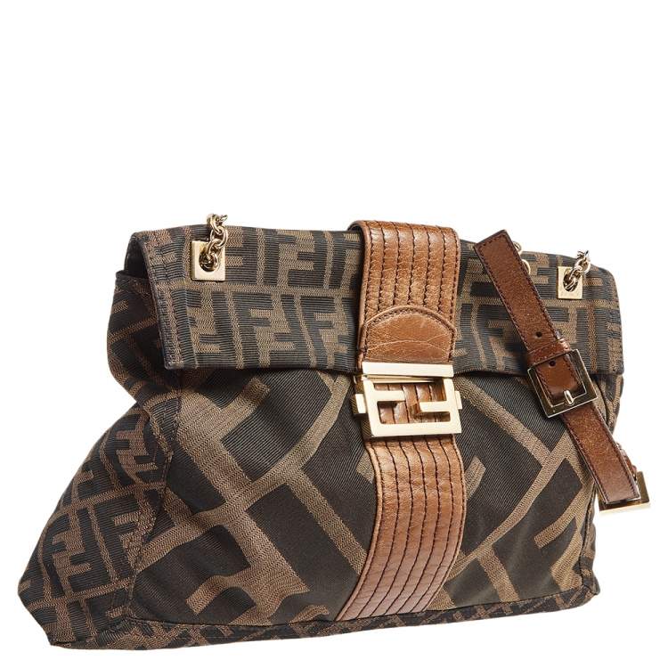 Pre Owned Fendi Tobacco Zucca Canvas And Leather Maxi Baguette Flap Shoulder Bag