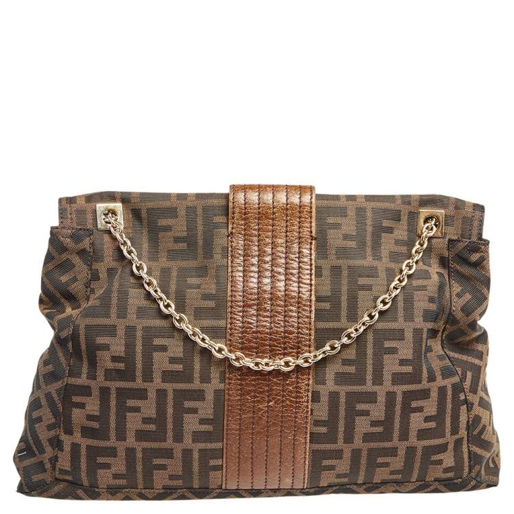 Pre Owned Fendi Tobacco Zucca Canvas And Leather Maxi Baguette Flap Shoulder Bag