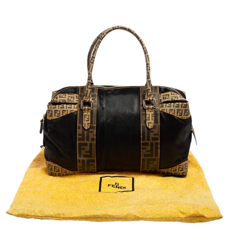 Pre Owned Fendi Brown/Black Zucca Canvas And Leather Mixed Media Boston Bag