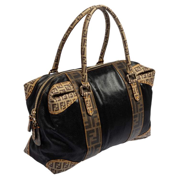 Pre Owned Fendi Brown/Black Zucca Canvas And Leather Mixed Media Boston Bag