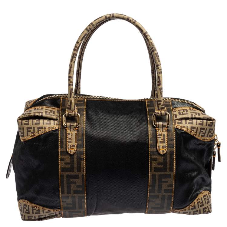 Pre Owned Fendi Brown/Black Zucca Canvas And Leather Mixed Media Boston Bag
