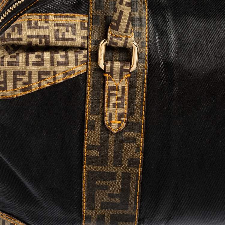 Pre Owned Fendi Brown/Black Zucca Canvas And Leather Mixed Media Boston Bag