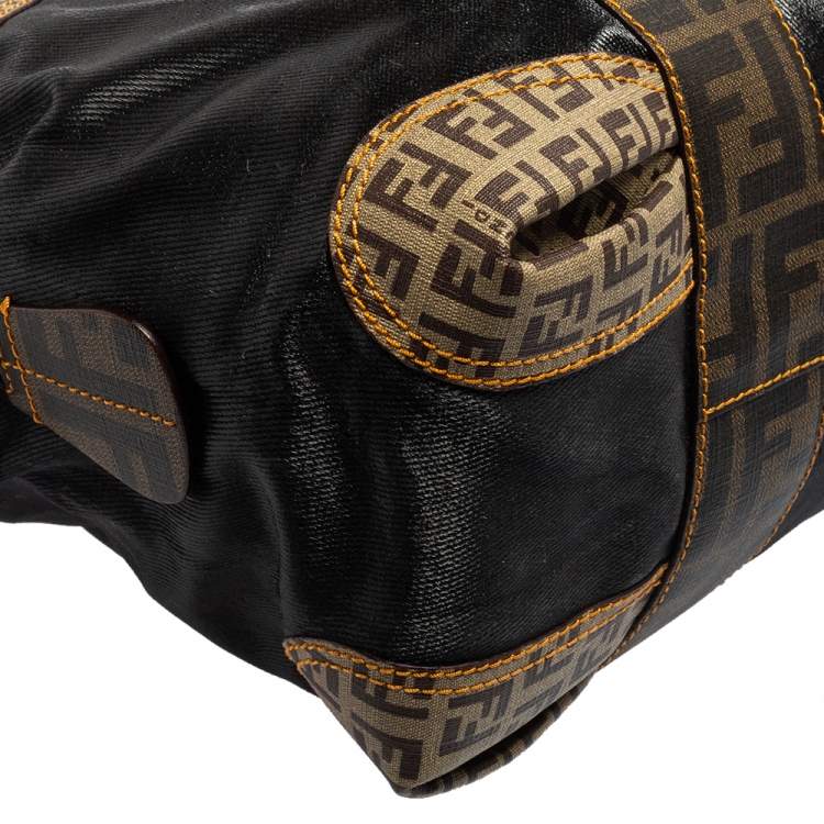 Pre Owned Fendi Brown/Black Zucca Canvas And Leather Mixed Media Boston Bag