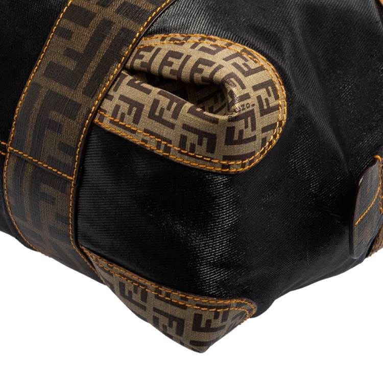 Pre Owned Fendi Brown/Black Zucca Canvas And Leather Mixed Media Boston Bag