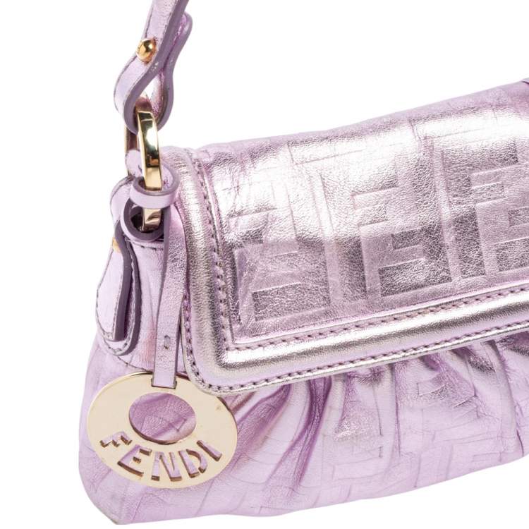 Pre Owned Fendi Metallic Lilac FF Embossed Leather Mini Chef Hobo