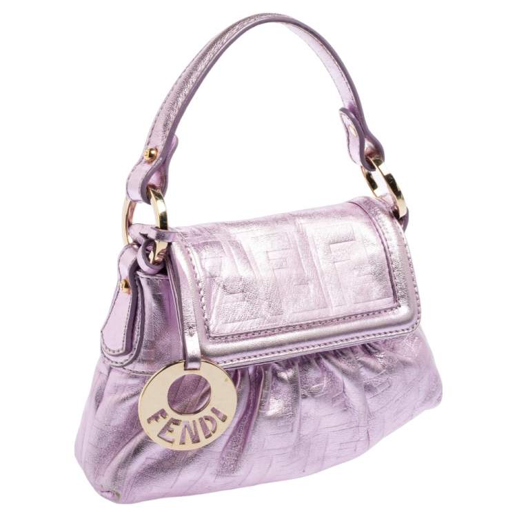 Pre Owned Fendi Metallic Lilac FF Embossed Leather Mini Chef Hobo