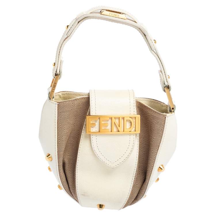 Pre Owned Fendi Beige/White Zucca Canvas And Leather Baguette