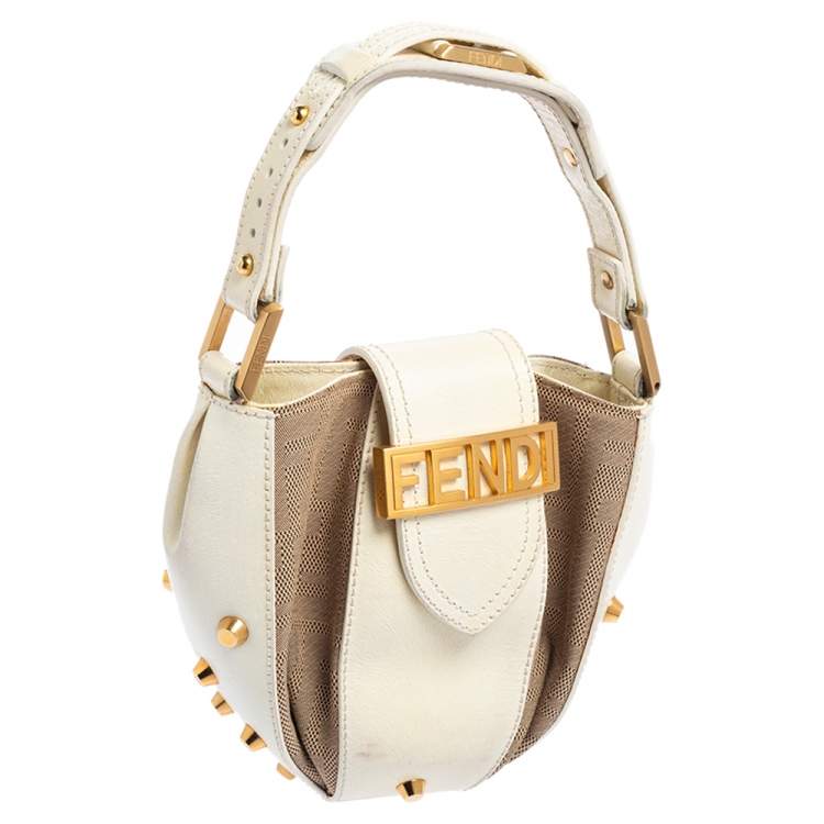 Pre Owned Fendi Beige/White Zucca Canvas And Leather Baguette