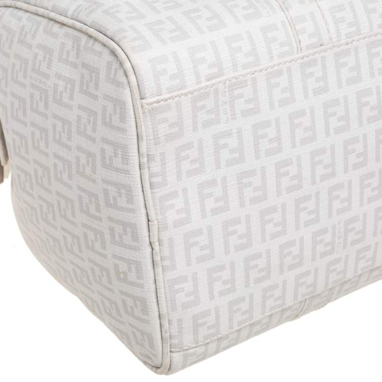 Pre Owned Fendi White Zucchino Coated Canvas Forever Bauletto Boston Bag
