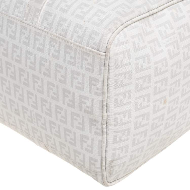 Pre Owned Fendi White Zucchino Coated Canvas Forever Bauletto Boston Bag