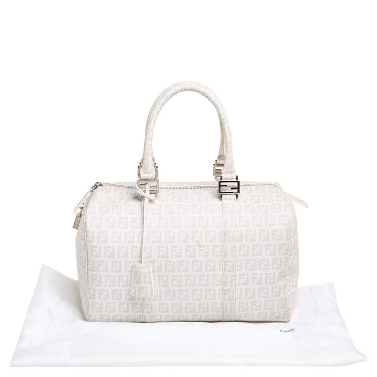Pre Owned Fendi White Zucchino Coated Canvas Forever Bauletto Boston Bag