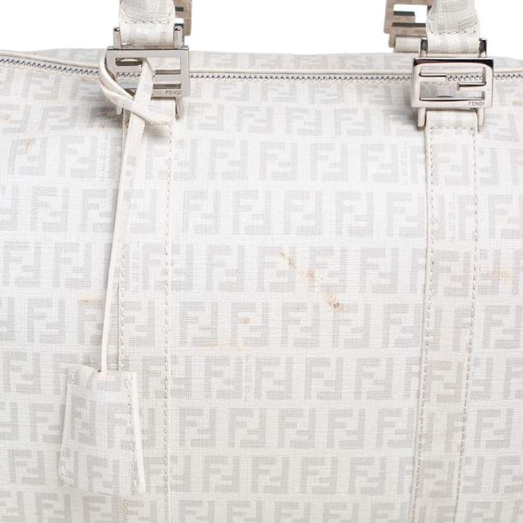 Pre Owned Fendi White Zucchino Coated Canvas Forever Bauletto Boston Bag